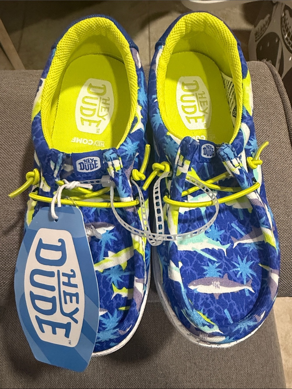 Hey Dude Kids Blue Shark-Print Slip-Ons with Neon Yellow Accents